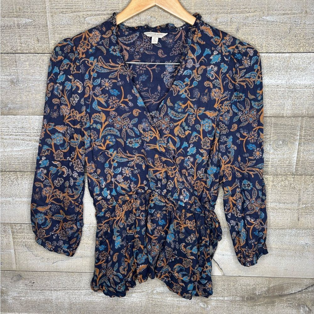 Lucky Brand small 100% rayon blue floral boho side tie career office spring top